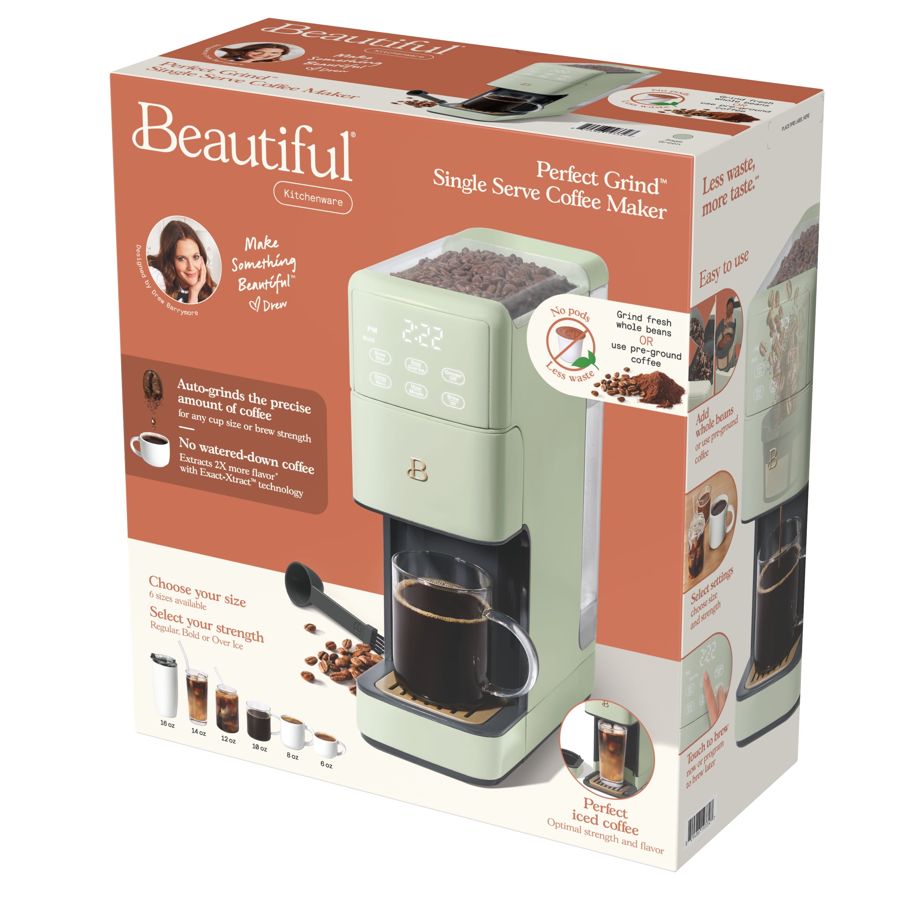 Beautiful Perfect Grind™ Programmable Single Serve Coffee Maker with Build-In Grinder, White Icing by Drew Barrymore