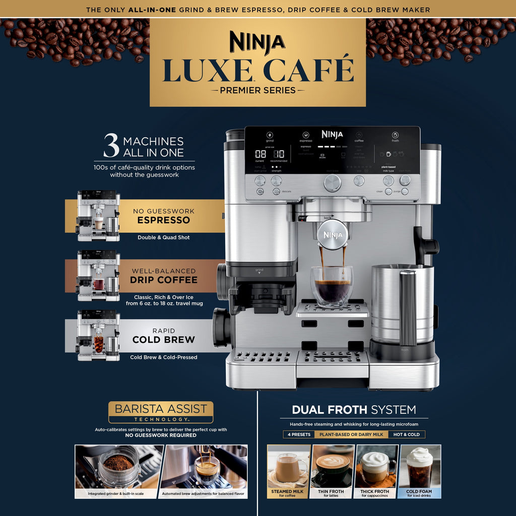 Ninja Luxe Café Premier Espresso Machine & Drip Coffee Maker, Rapid Cold Brew, Integrated Grinder, Assisted Tamper, Hands-Free Frother for Cappuccinos, Dairy or Non-Dairy, ES600 Stainless Steel