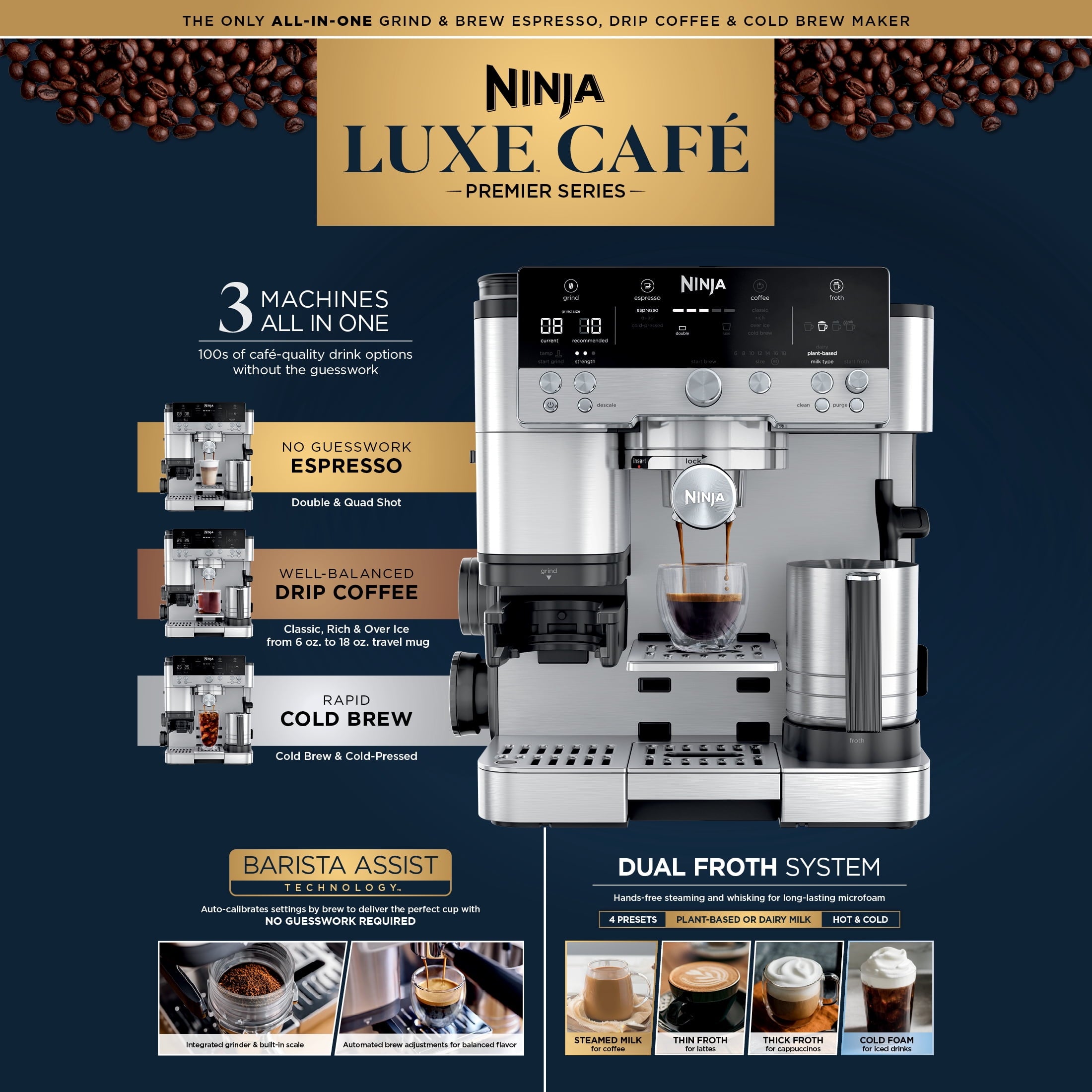 Ninja Luxe Café Premier Espresso Machine & Drip Coffee Maker, Rapid Cold Brew, Integrated Grinder, Assisted Tamper, Hands-Free Frother for Cappuccinos, Dairy or Non-Dairy, ES600 Stainless Steel