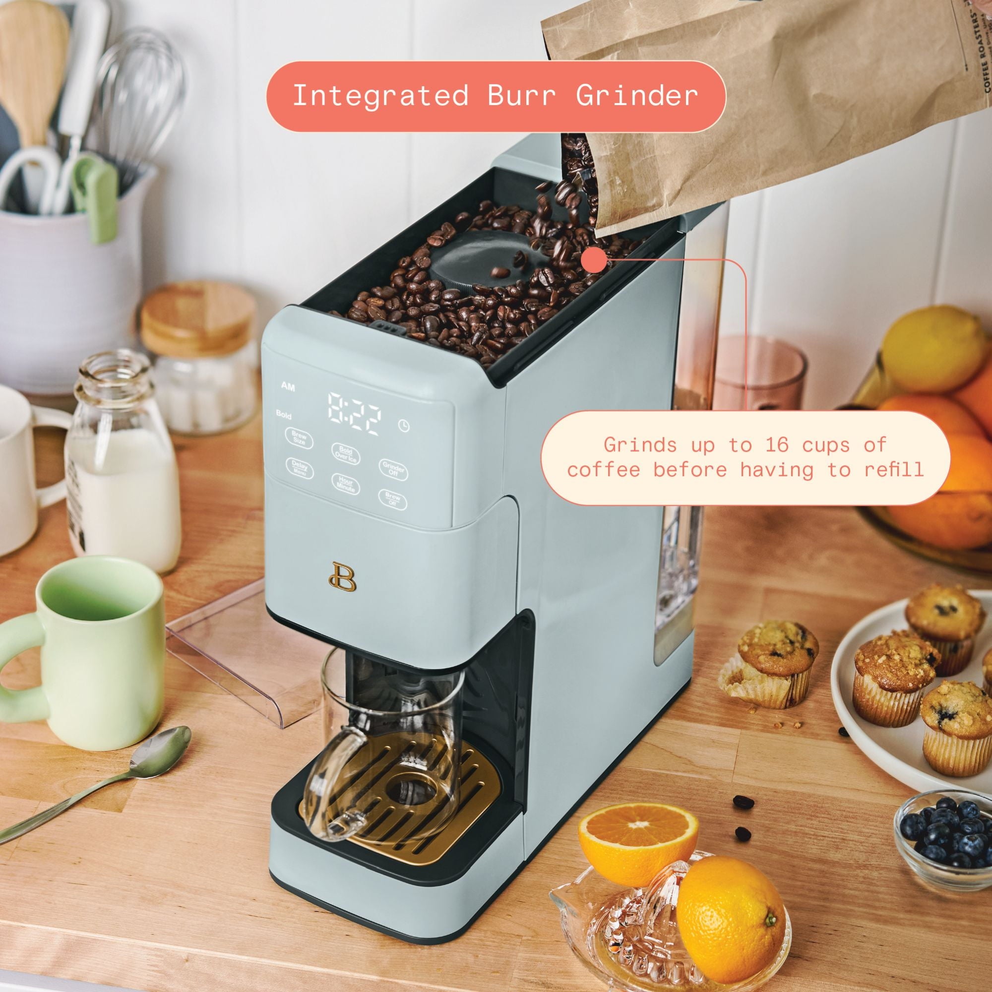 Beautiful Perfect Grind™ Programmable Single Serve Coffee Maker with Build-In Grinder, White Icing by Drew Barrymore