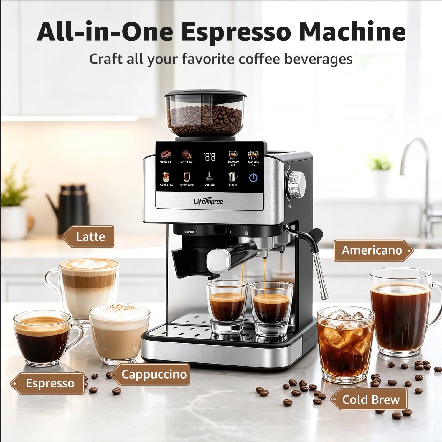 LifeImpree Espresso Machine with Grinder, 20 Bar Coffee Machine for Home with Powerful Milk Frother Steam Wand, 30 Grind Settings, 1550W Coffee Maker with Portafilter for Capsules