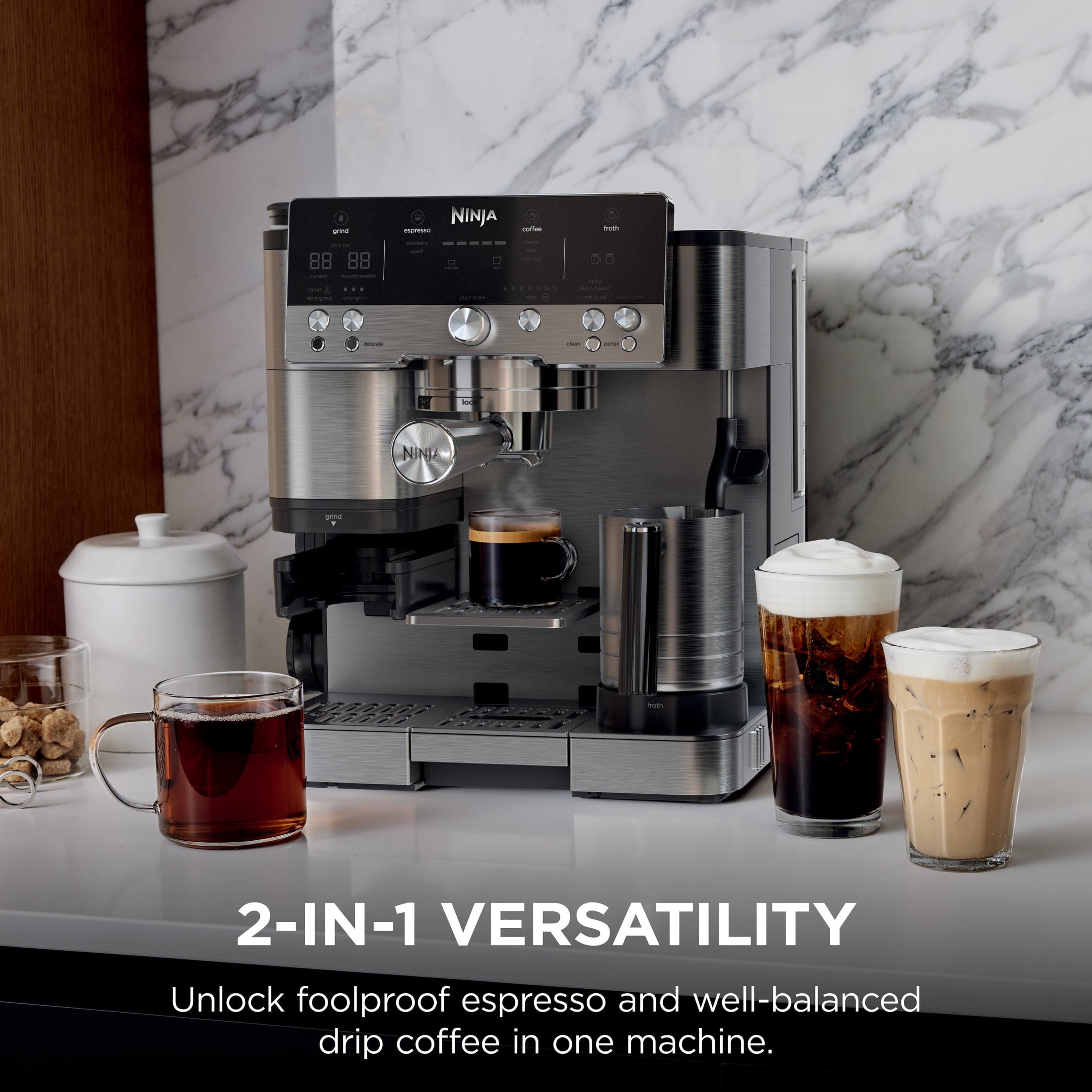 Ninja Luxe Café Premier Espresso Machine & Drip Coffee Maker, Rapid Cold Brew, Integrated Grinder, Assisted Tamper, Hands-Free Frother for Cappuccinos, Dairy or Non-Dairy, ES600 Stainless Steel