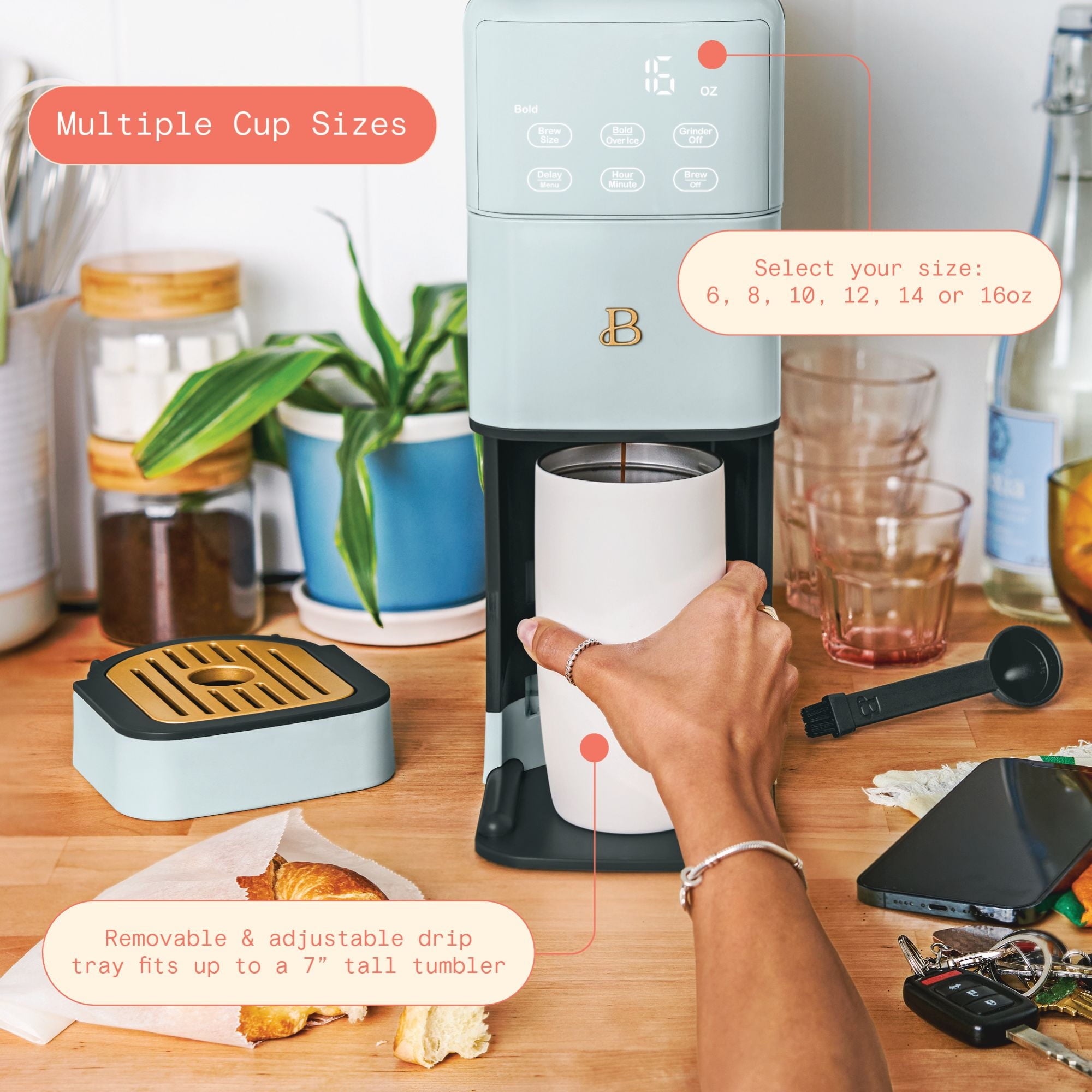 Beautiful Perfect Grind™ Programmable Single Serve Coffee Maker with Build-In Grinder, White Icing by Drew Barrymore