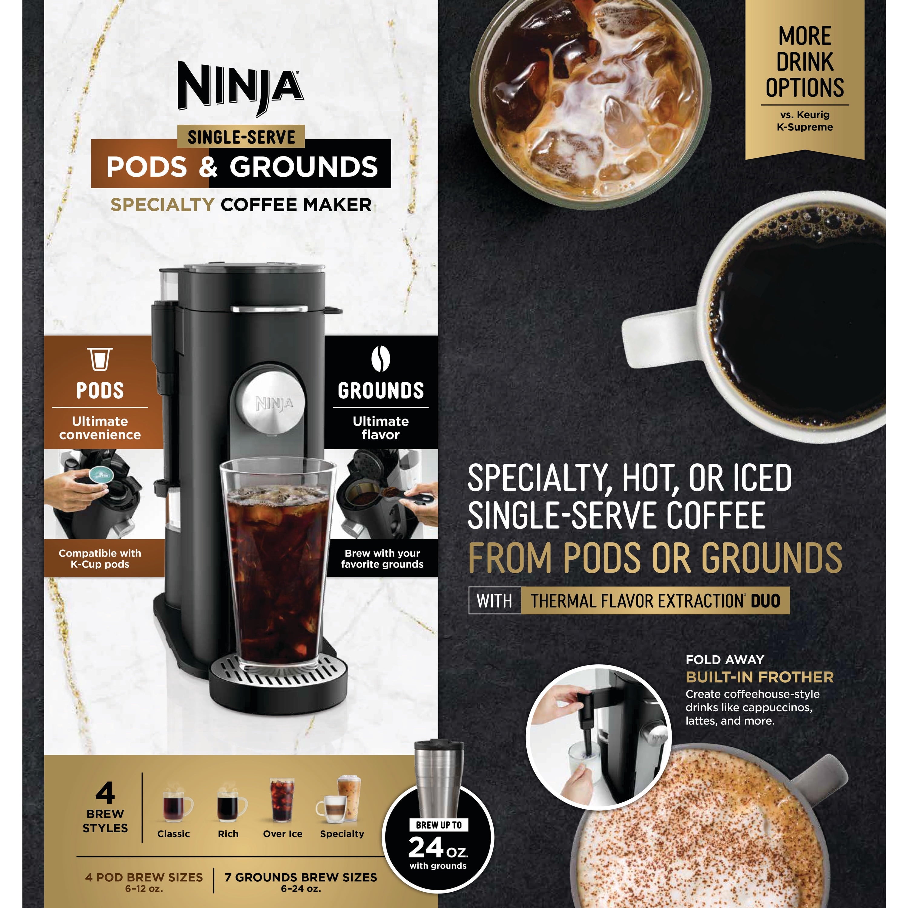 Ninja Pods & Grounds Specialty Single-Serve Coffee Maker, K-Cup Pod Compatible, Built-In Milk Frother, PB051, Black