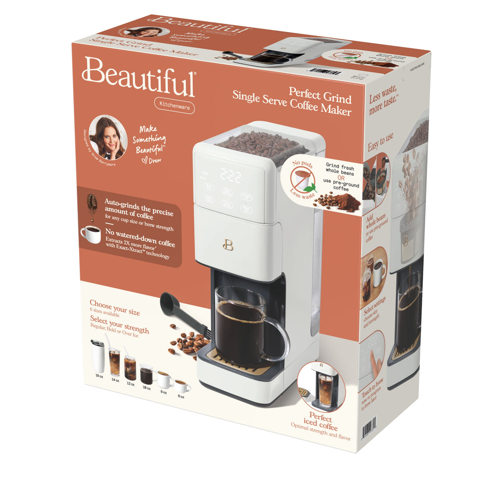 Beautiful Perfect Grind™ Programmable Single Serve Coffee Maker with Build-In Grinder, White Icing by Drew Barrymore